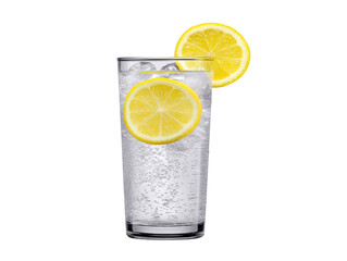 Glass of sparkling water with ice and lemon slice refreshing cold drink clear bubbles isolated on transparency background healthy beverage summer citrus flavor thirst quenching transparent glass