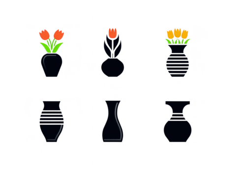 Flower vase tulip plant black decorative isolated minimalist home interior collection set simple empty yellow red green modern elegant ceramic classic ornamental arrangement container design art - Powered by Adobe