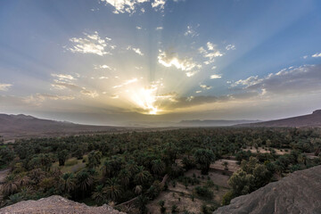 Sunrise over desert oasis in southern Morocco with palm trees and mountains