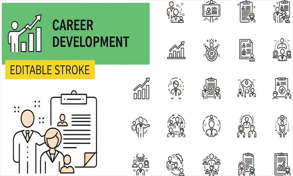 Modern line icons set for career development, human resources, and business growth. Professional success, job search, recruitment, and promotion vector symbols