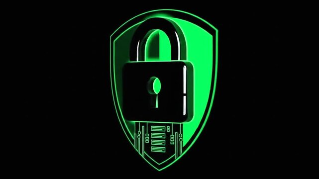 Digital security logo featuring a padlock on a green shield background