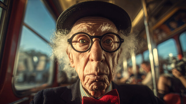 Elderly man wearing glasses and bow tie on bus, looking at camera