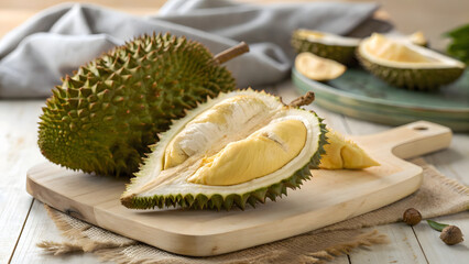 A fresh durian fruit displayed in two states one whole, with its formidable, spiky green-brown husk intact, and the other cleanly split open to reveal its creamy, custard-like segments nestled .