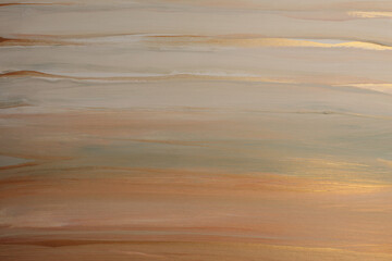 Art oil, Acrylic brush stroke smear Wave Lines strip painting. Abstract texture glow gold, bronze, beige background.