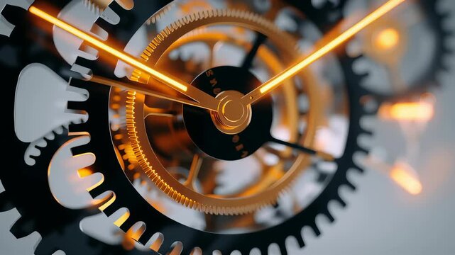 Close-up of clock gears turning with vibrant golden highlights, illustrating detailed mechanics in action. Bright studio backdrop enhances craftsmanship