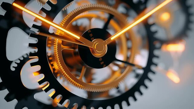 Close-up of intricate clock gears rotating with illuminated details. High-tech industrial setting emphasizes precision and craftsmanship. Concept of watchmaking, engineering, timekeeping - Powered by Adobe