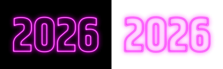 Glowing neon pink 2026 text on black and white background, futuristic new year design, modern luminous typography