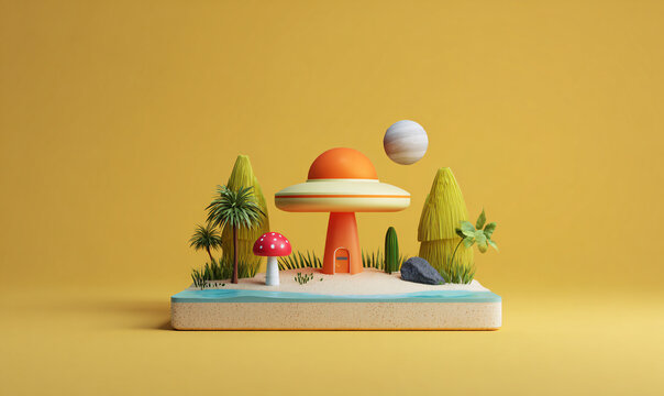 Ufo spaceship landing on a stylized island beach with palm trees and a floating planet