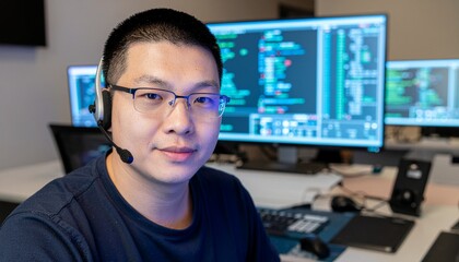 A focused man at a computer, engrossed in his work. He is wearing a headset and spectacles, surrounded by multiple screens displaying data and code