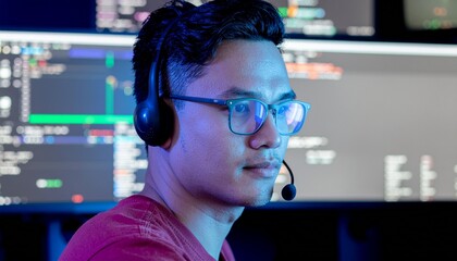 An Asian man in headset working with computer screen