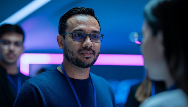 Portrait of a man wearing glasses, engaged in conversation at a conference or tech event. He is smiling and looking at another person, with others visible in the background