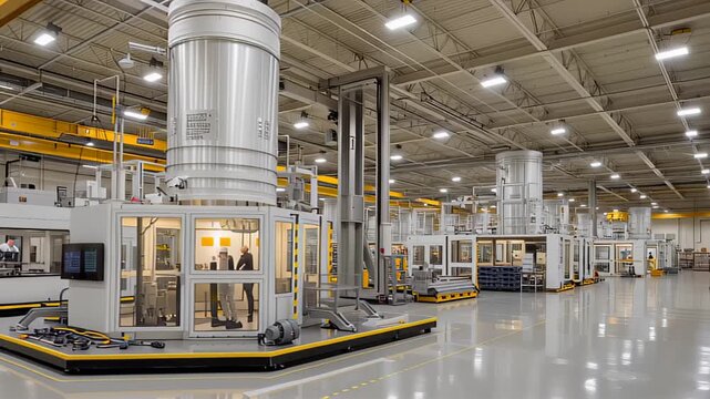 Factory features multiple modern machines operating in spacious environment. High ceilings and polished floors create bright, efficient workspace for manufacturing