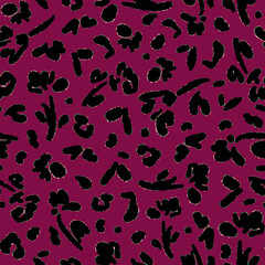 Floral and animal skin mix seamless repeat pattern. Random placed, vector wild life and botany aop, all over surface print on dark red background.