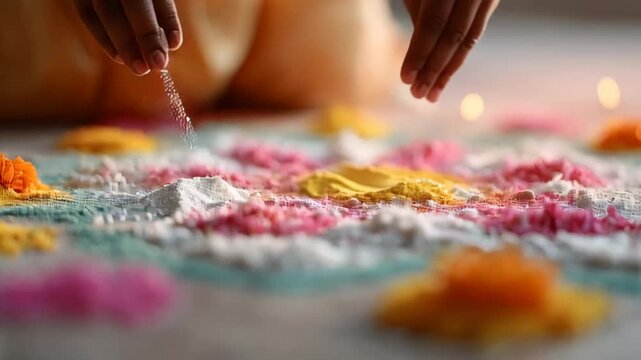 Child's hands creating colorful rangoli pattern on floor. Traditional Indian art for Diwali festival. Artistic cultural decoration footage.
