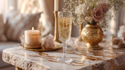 Crystal champagne flute with golden bubbles on marble table. Luxury New Year celebration