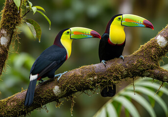 Obraz premium Pair of toucans sitting on mossy branch Costa Rica rainforest exotic bird photography