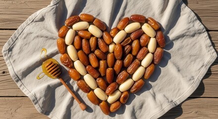 Heart Shape Composition Featuring Dates and Honey on a Soft, Textured Napkin