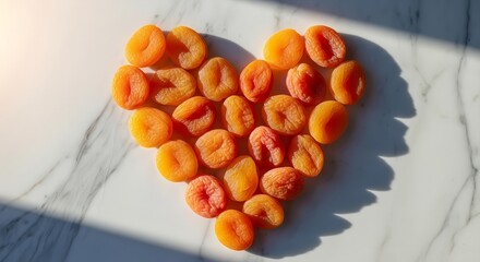 Heart Shape Composition Made Of Dried Apricots On Marble Surface In Bright Sunlight