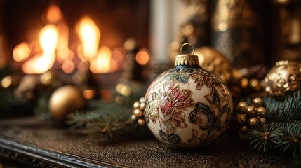 Vintage christmas ornament with pine branches and golden ornaments by cozy fireplace