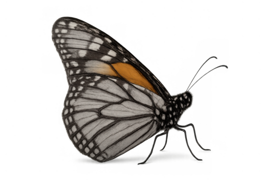 Monarch butterfly in flight profile, showing detailed wings and antennae with a transparent background