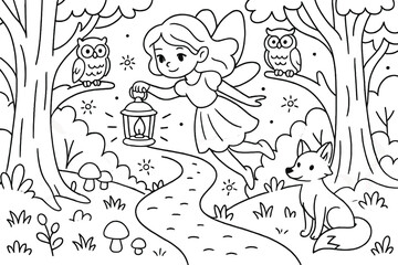 Obraz premium Magical Fairy Forest. Magical fairy flying with a lantern lighting the forest path with owls, foxes, and fireflies, black and