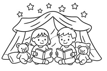 Magical Pillow Fort. Magical pillow fort indoors with children reading books, teddy bears, and glowing stars above, black and