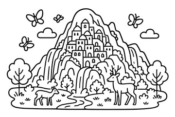 Fototapeta premium Mountain City Coloring. Curious city carved into a mountain with waterfalls, deer, and butterflies flying around, black and white