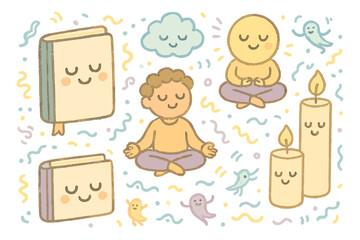 Whimsical Coping Doodles. Magical doodle coping strategies scene with smiling journals, cartoon meditation icons, friendly candles