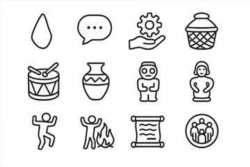 Cultural Line Icons. Line style icons of Cultural Studies: Hand Axe, Speech Symbol, Learned Skill, Tradition Object; Basket, Drum,