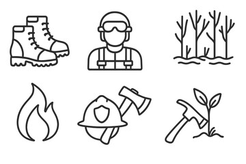 Obraz premium Wildfire Adventure Icons. Line style icons of Wildfire Adventure: Hiking Boots, Smoke Jumper, Fire Truck, Burned Forest, Flame,
