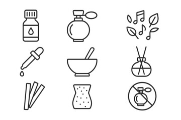 Perfumery Line Icons. Line style icons of Perfumery: Essential Oil, Scent Bottle, Notes of Fragrance, Pipette, Mixing Bowl,
