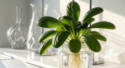 Hydroponic Bok Choy with Lush Green Leaves in a Glass Jar on a White Table