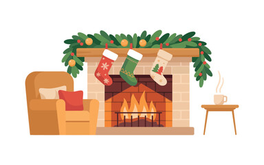 Cozy Christmas fireplace decorated with stockings and a mug of hot beverage sits beside an armchair.