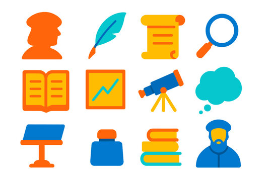Renaissance Icon Set. Flat vector icons of Renaissance cryptographers and scholars: silhouette, quill pen, scroll, magnifying