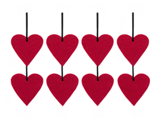 Red felt heart ornaments hanging vertically in two rows, isolated on transparency background, symbolizing love and romance, perfect for Valentine Day, wedding, or romantic decoration