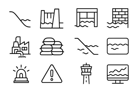 Flood Control Icons. Line style icons of flood control: levee, dike, floodgate, barrier wall; pumping station, sandbags, spill