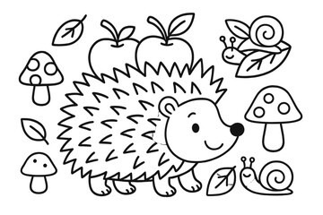Fototapeta premium Hedgehog and Forest Friends. Smiling hedgehog carrying apples on its back with mushrooms, leaves, and snails around, black and