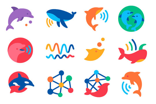 Marine Communication Icons. Flat vector icons of marine mammal communication: dolphin click, whale song, echolocation pulse, pod