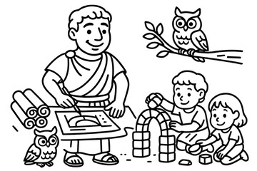 Roman Architect Coloring Page. Smiling Roman architect drawing plans with owls, scrolls, and children building tiny arches, black