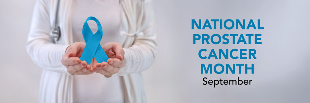 Prostate Cancer Ribbon Banner - Doctors Hands Holding Blue Awareness Ribbon