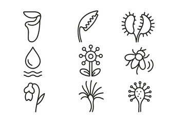 Fototapeta premium Carnivorous Plants Icons. Line style icons of Carnivorous Plant: Pitcher Plant, Trap Leaf, Venus Flytrap, Digestive Fluid, Sundew,