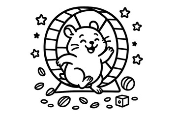 Playful Hamster Wheel. Joyful hamster running on a wheel with stars, seeds, and toys scattered around, black and white line art,