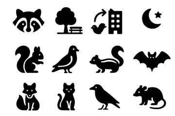 Obraz premium Urban Wildlife Icons. Solid style icons of Urban Wildlife: Raccoon, City Park, Adaptation, Nocturnal, Squirrel, Pigeon, Skunk, Bat