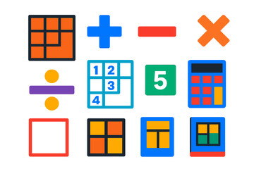 Obraz premium Flat KenKen Icons. Flat vector icons of KenKen puzzles: arithmetic grid, plus sign, minus sign, multiplication sign, division sign