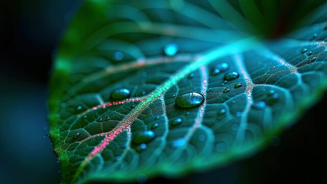 Cinematic macro video of dewdrops on glowing leaf veins in teal and emerald tones, futuristic botanical texture with slow camera movement and soft bokeh