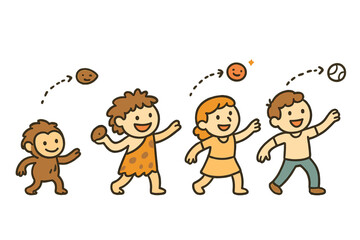 Evolution of Throwing. Cute doodle evolution of throwing scene with cheerful humans through time, cartoon projectiles flying,