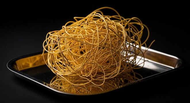 Intriguing Sphere of Golden Threads Displayed on Gleaming Silver Platter