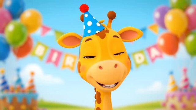 Animated giraffe celebrating birthday with balloons and party decorations