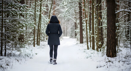 Woman walking along snowy path in forest during winter  