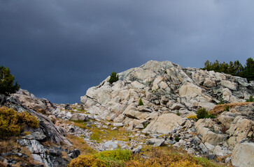 Beautiful Beartooth Highway rocky mountain landscape scene. Scenic travel destination location located on the Wyoming and Montana border. Scenic travel destination location for road trip. 